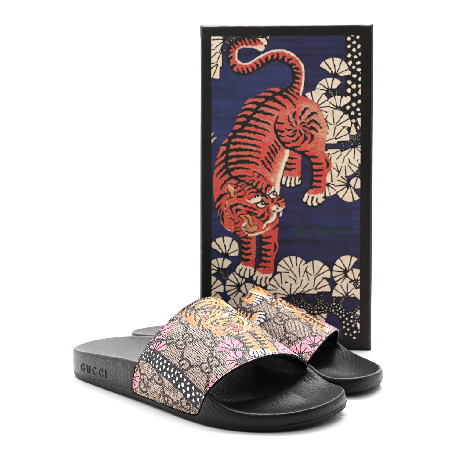 Gucci GG Supreme Monogram Bengal Slide Sandals 38 Beige Pink
