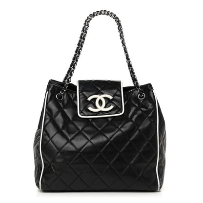 Chanel Lambskin Quilted Tote Black White 1 of 17
