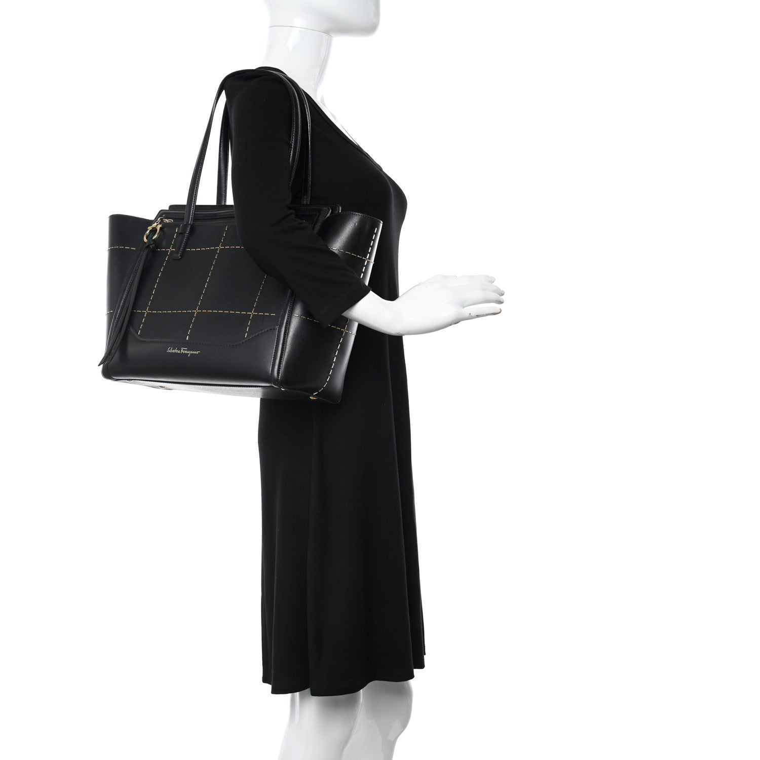 Salvatore Ferragamo Calfskin Stitched Double Handle Medium Amy Tote Black 2 of 13