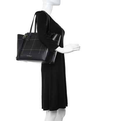 Salvatore Ferragamo Calfskin Stitched Double Handle Medium Amy Tote Black 2 of 13