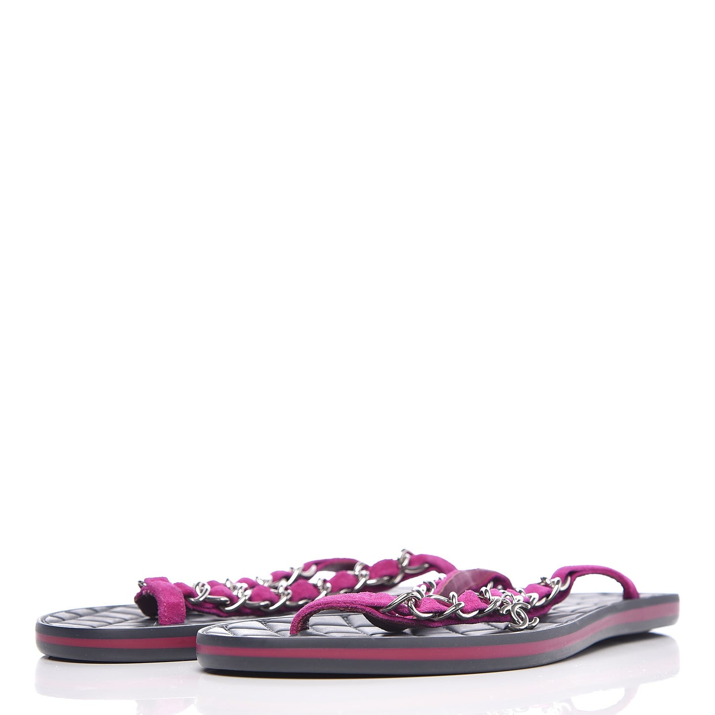 Suede Calfskin Quilted Chain Thong Sandals 36.5 Pink