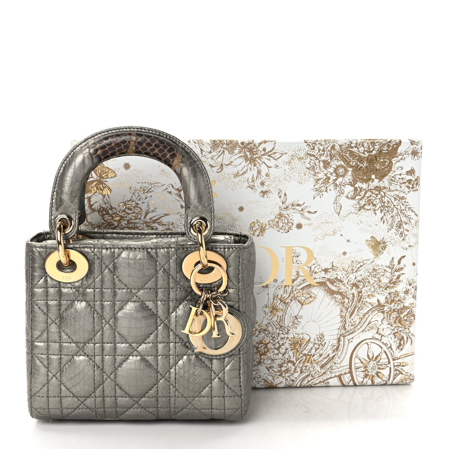 Metallic Snakeskin Cannage Mini Lady Dior Silver