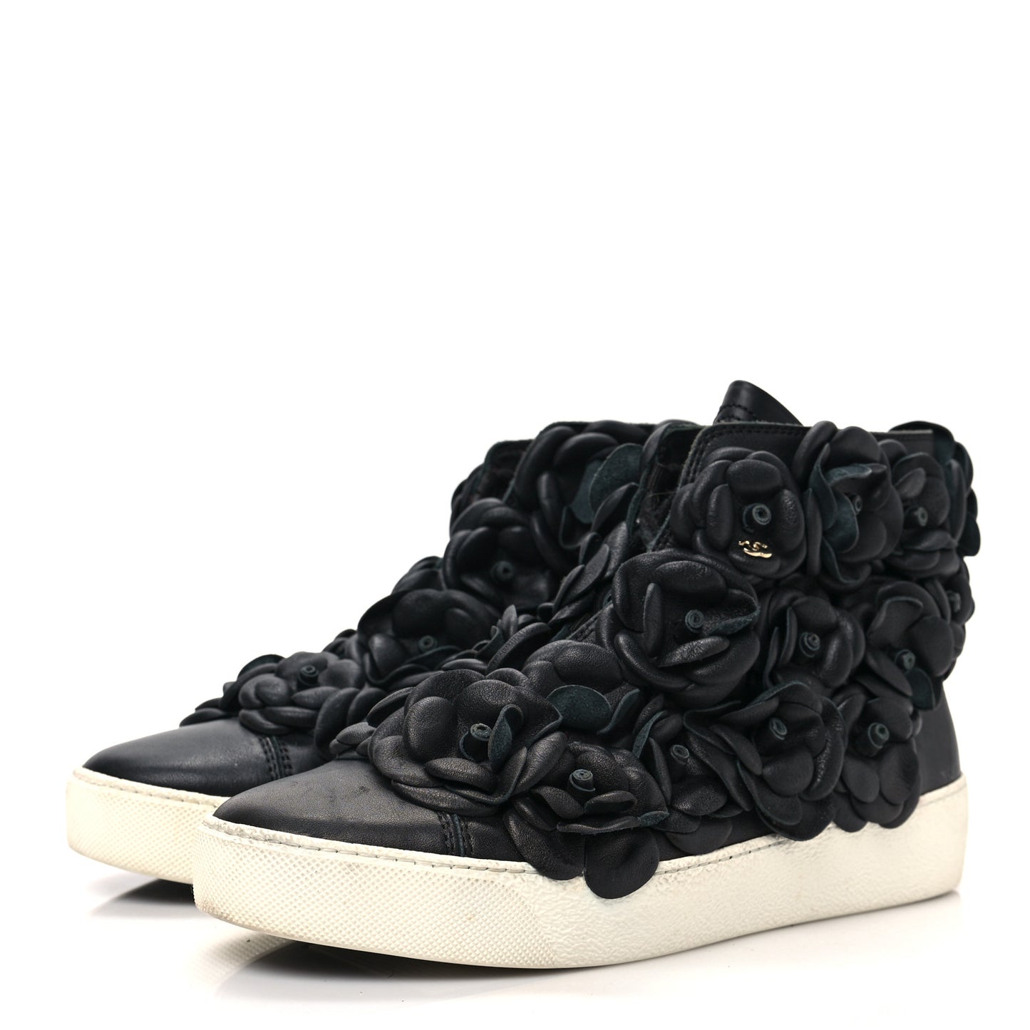 Calfskin Camellia High Top Sneakers 37 Black