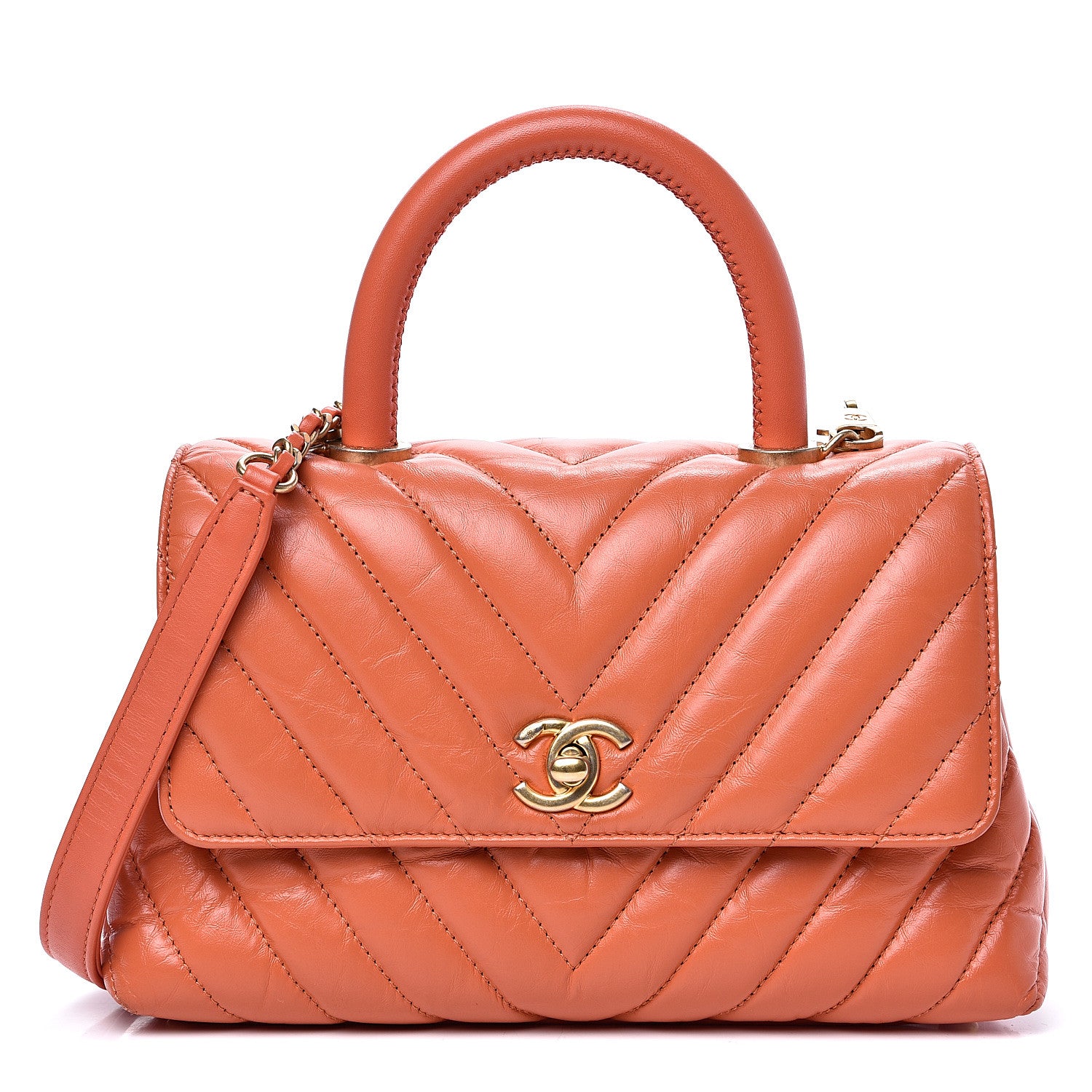 Chanel Calfskin Chevron Quilted Mini Coco Handle Flap Orange 1 of 13
