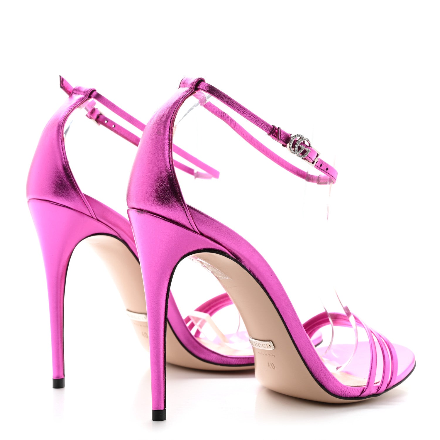 Gucci Metallic Calfskin GG Ankle Strap High Heel Sandals 40 Fuchsia 4 of 9
