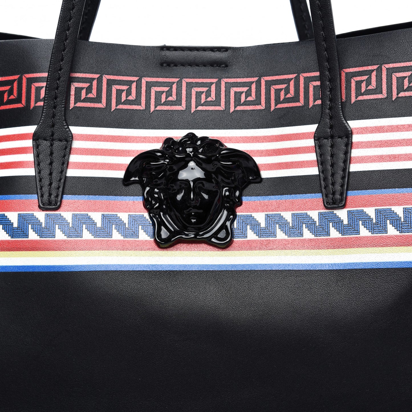 Calfskin Stripe Greek City Key Tote Black