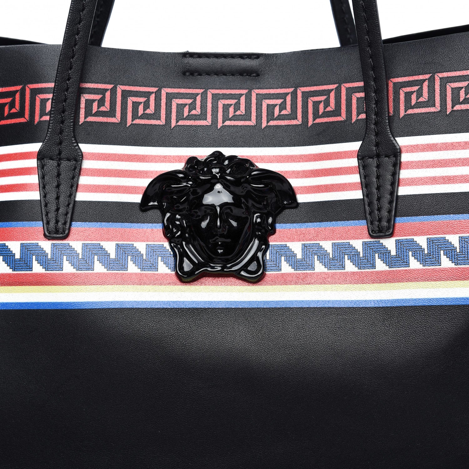 Versace Calfskin Stripe Greek City Key Tote Black 9 of 9
