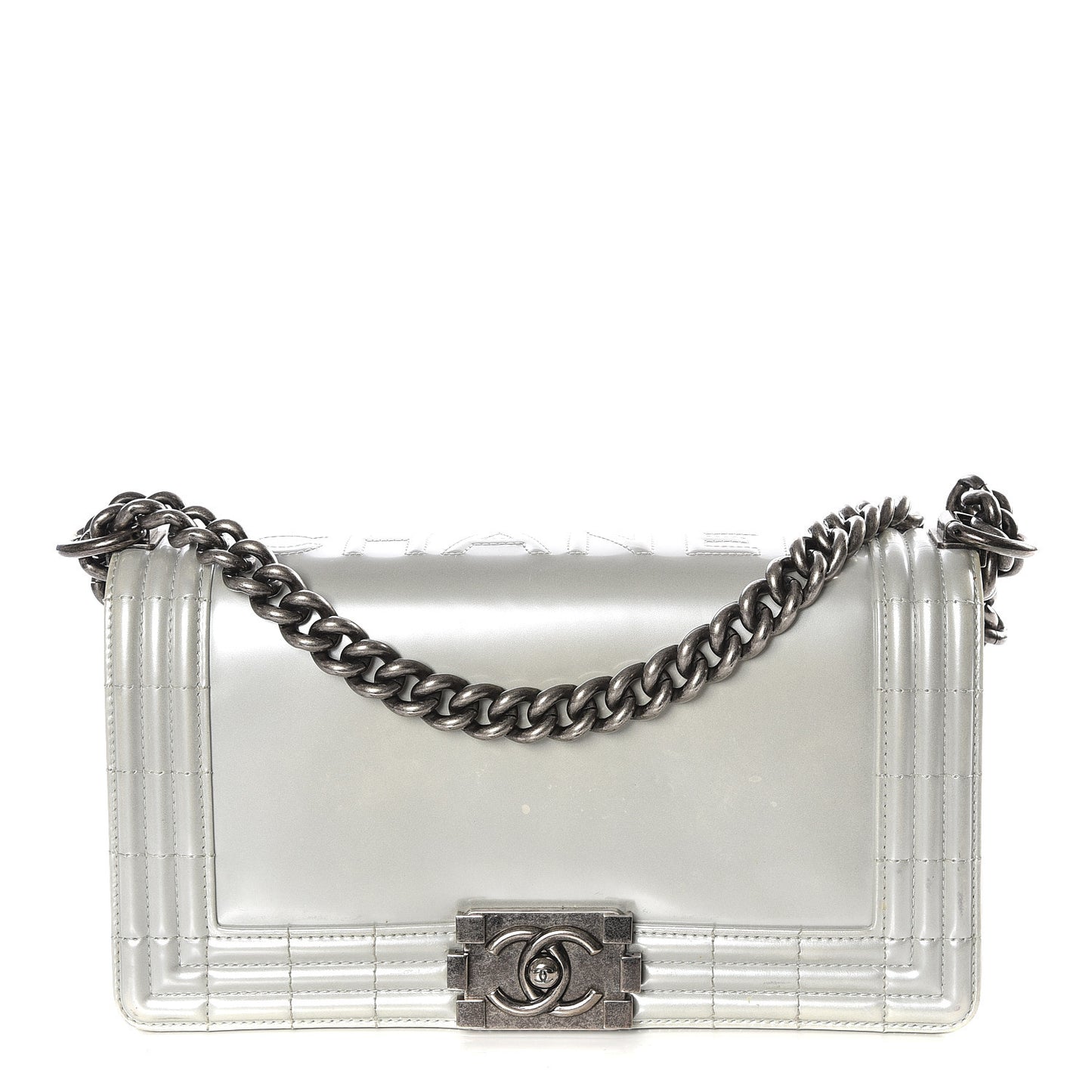 Iridescent Glazed Calfskin Medium Boy Flap Silver