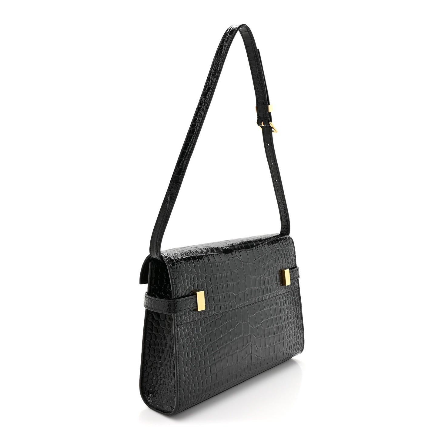 Shiny Calfskin Crocodile Embossed Small Manhattan Baguette Black