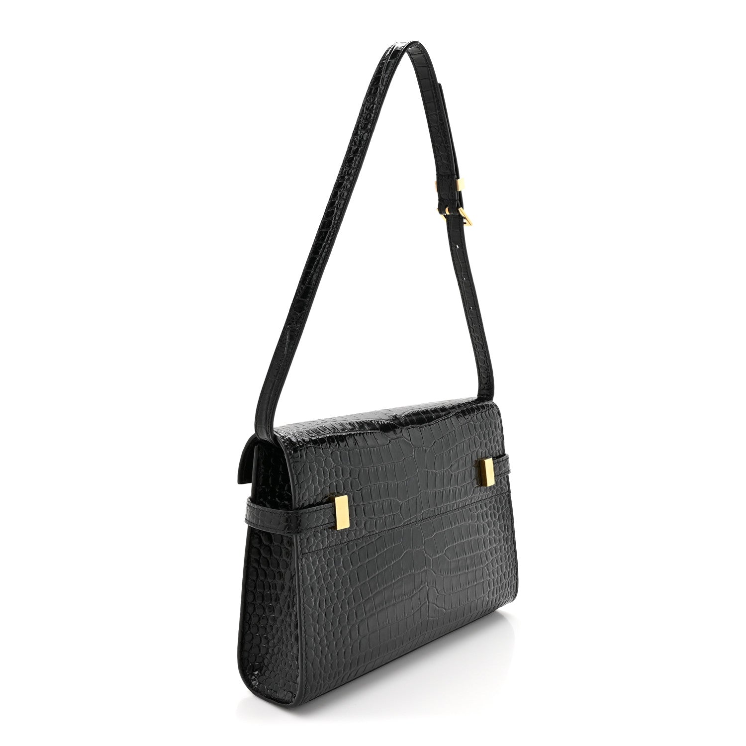Saint Laurent Shiny Calfskin Crocodile Embossed Small Manhattan Baguette Black 3 of 12