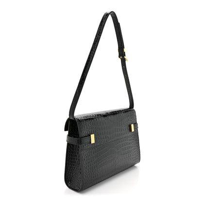 Saint Laurent Shiny Calfskin Crocodile Embossed Small Manhattan Baguette Black 3 of 12