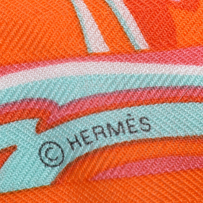 Hermes Cashmere Silk De La Mer Au Ciel Shawl 140 Orange Vert Corail 7 of 9