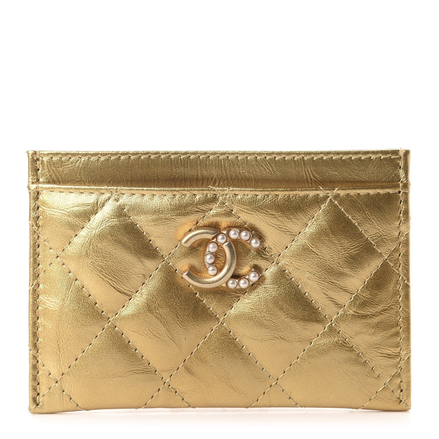 Chanel Aged Metallic Calfskin Pearl CC Quilted Card Holder Gold 1 of 9