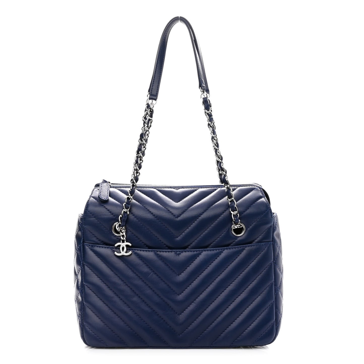 Lambskin Chevron Quilted Small Surpique Tote Dark Blue