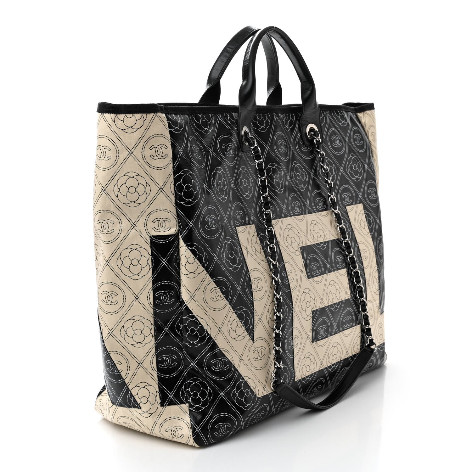 Chanel Coated Canvas Camellia Large Shopping Tote Black Beige 3 of 10