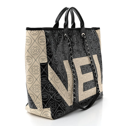 Chanel Coated Canvas Camellia Large Shopping Tote Black Beige 3 of 10