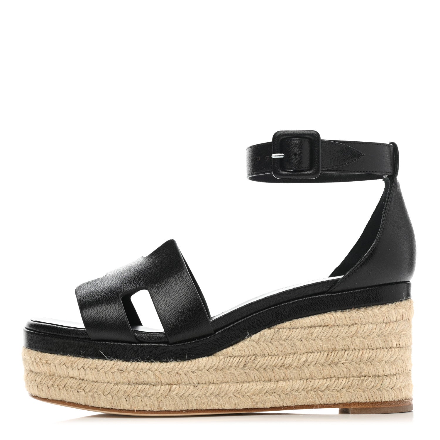 Hermes Goatskin Elda Espadrille Wedge Sandals 38 Black 1 of 9