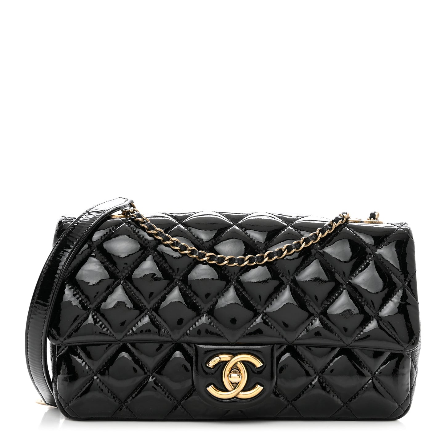 Patent Goatskin Quilted Medium CC Eyelet Flap Black