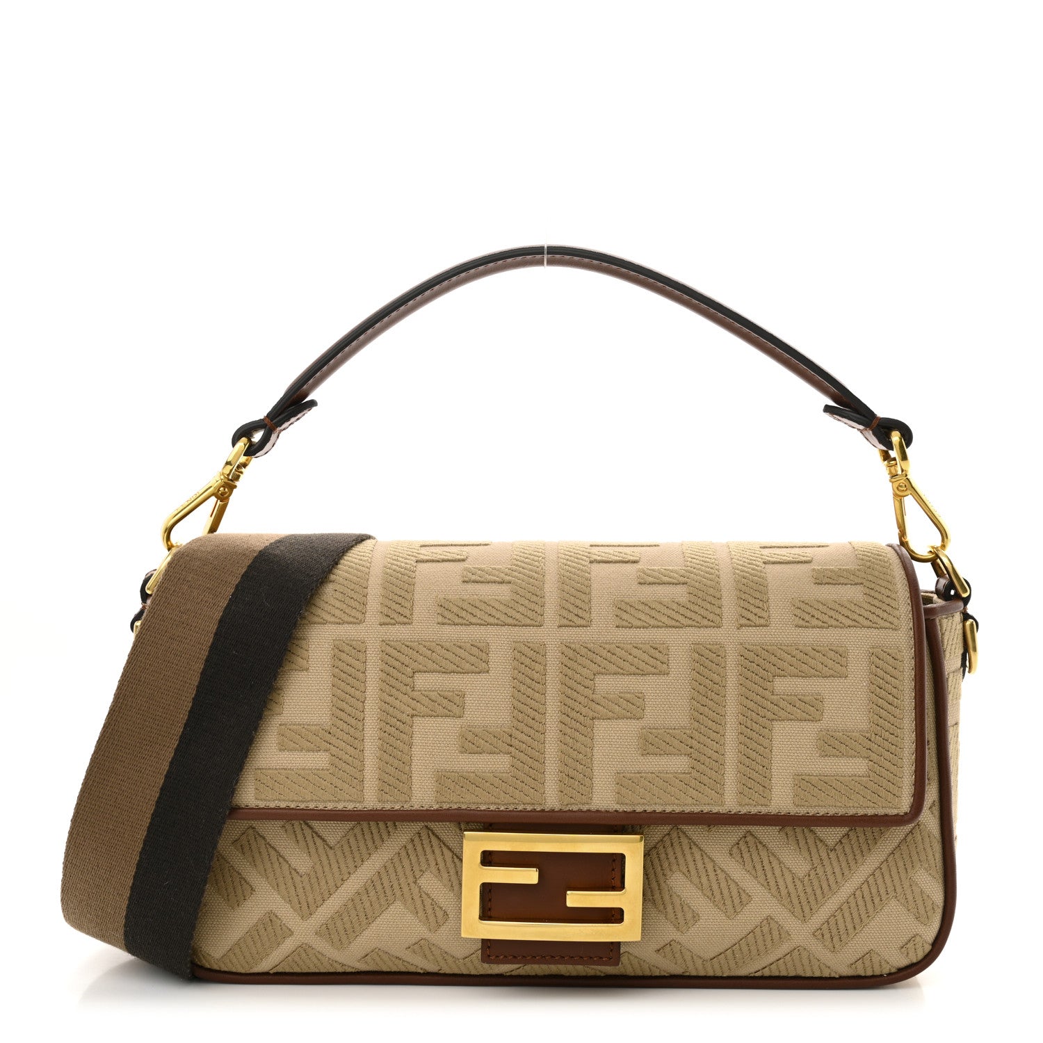 Fendi Canvas Vitello King FF Embroidered Baguette Sand Ghianda 1 of 9