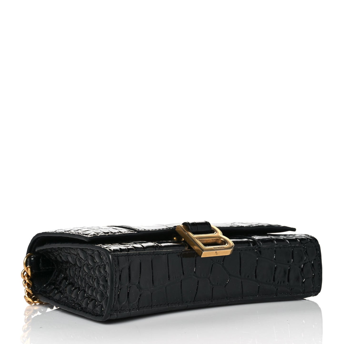 Shiny Calfskin Crocodile Embossed Hourglass Chain Bag Black