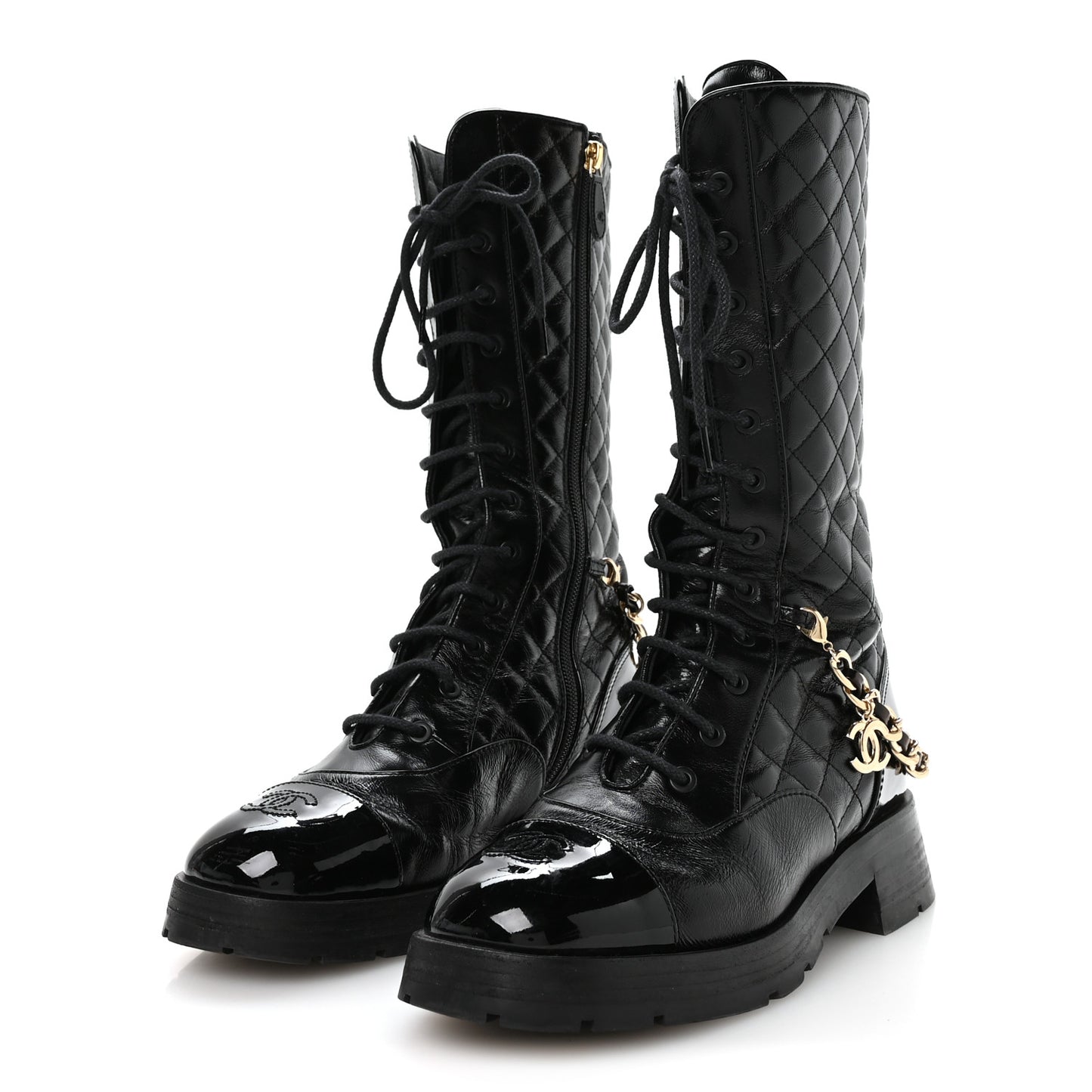 Shiny Calfskin Patent Quilted Chain Lace Up Combat Long Boots 38.5 Black