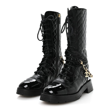 Chanel Shiny Calfskin Patent Quilted Chain Lace Up Combat Long Boots 38.5 Black 4 of 8