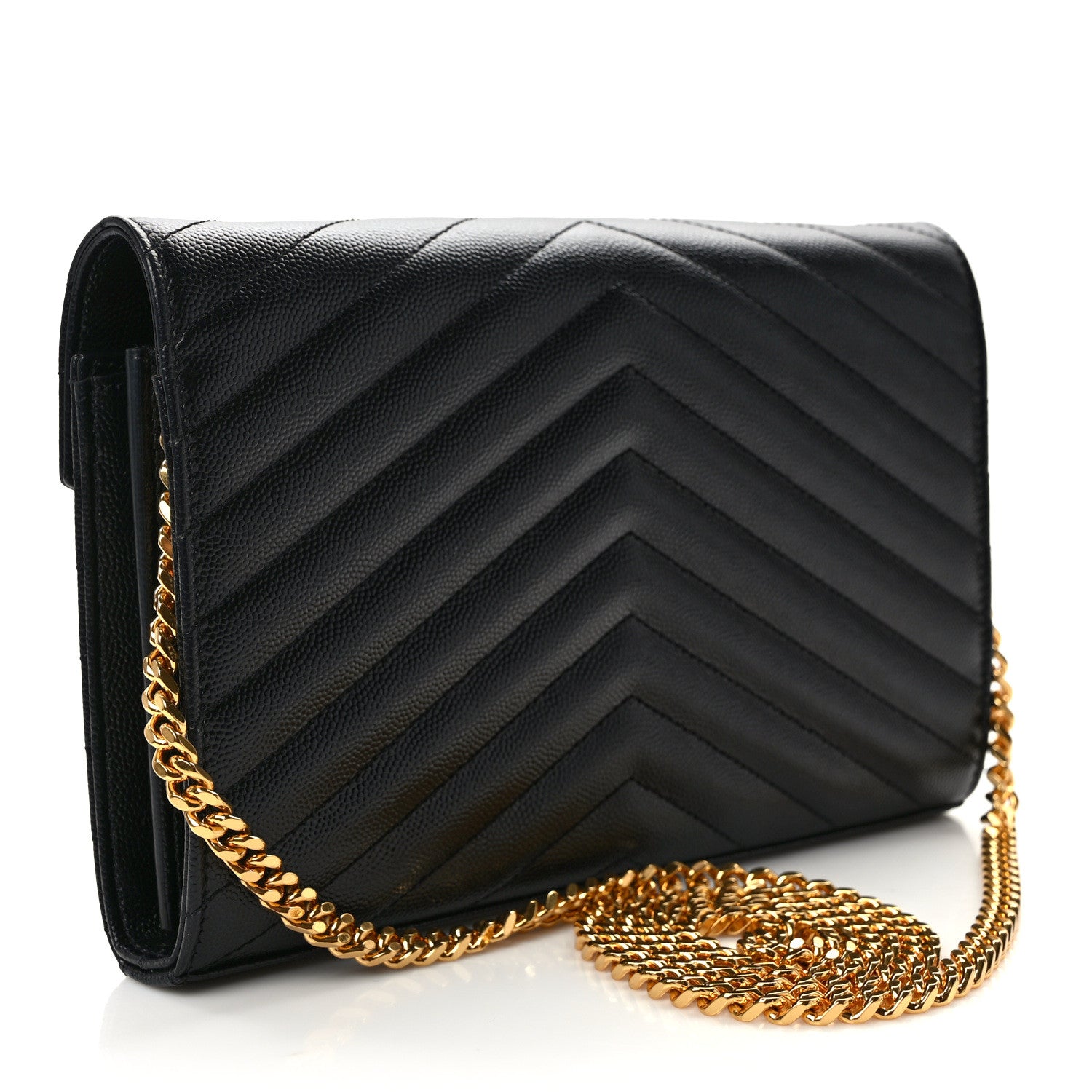 Saint Laurent Grain De Poudre Matelasse Chevron Monogram Chain Wallet Black 3 of 12