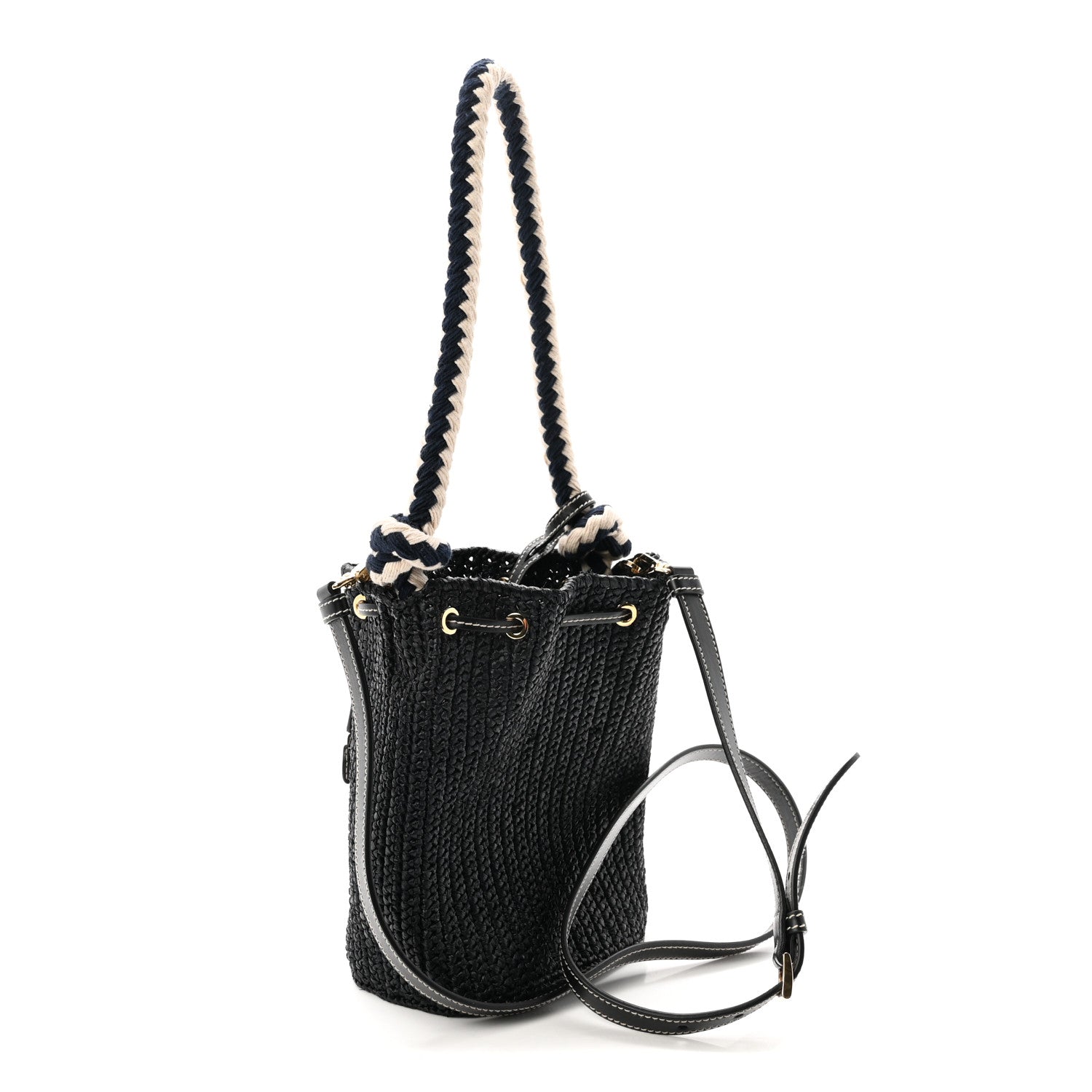 Prada Yarn Raffia Effect Crochet Mini Bucket Bag Black 1907078