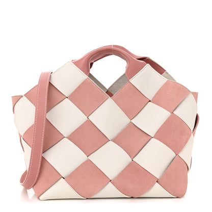 Loewe Calfskin Suede Gingham Woven Basket Bag Soft Pink White 1 of 10