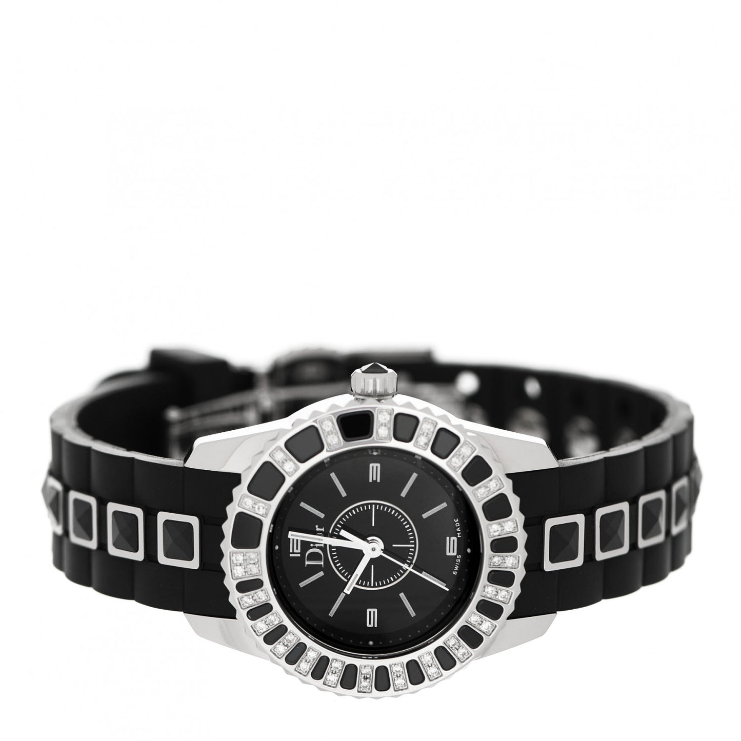 Stainless Steel Rubber Diamond Sapphire 29mm Christal Quartz Watch Black
