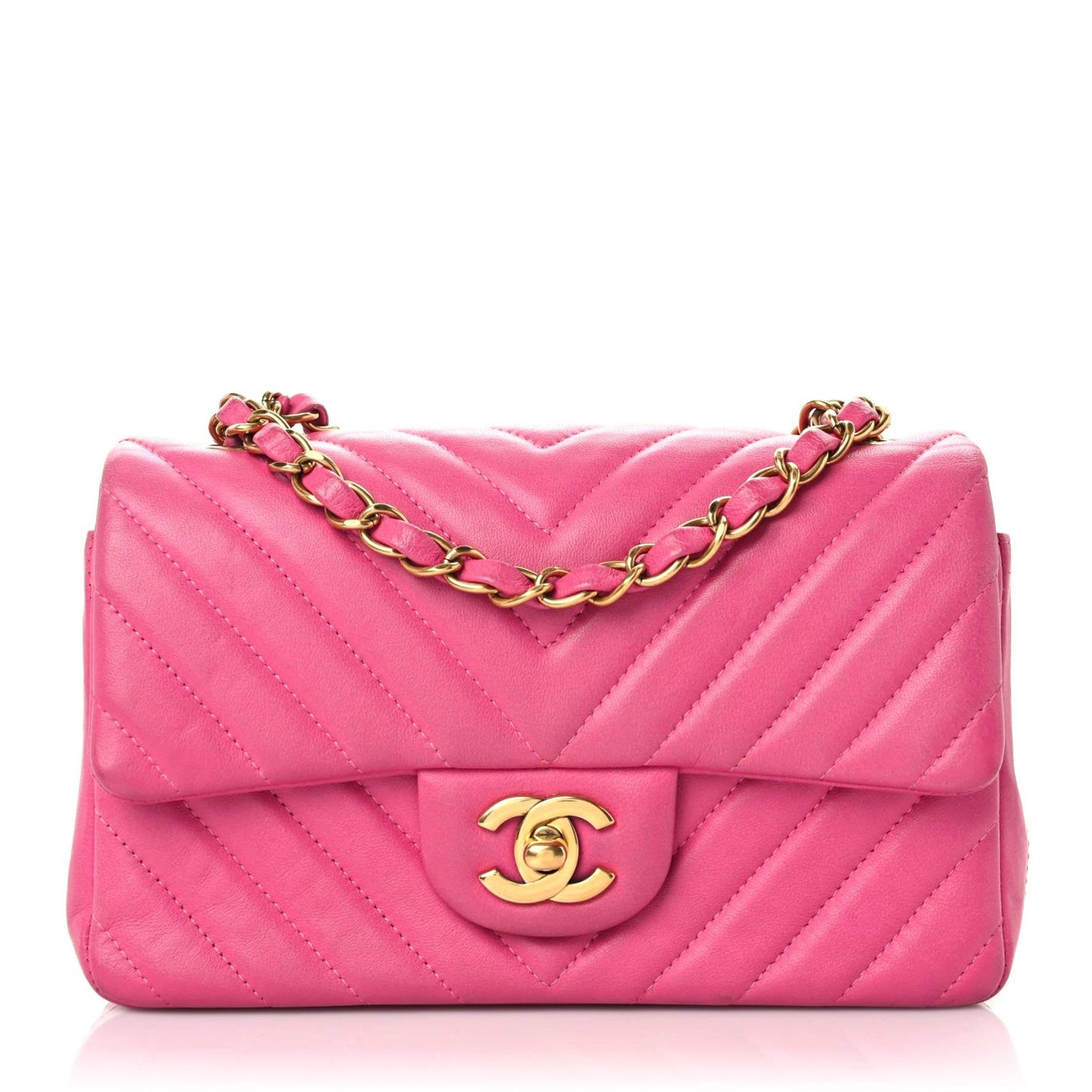Lambskin Chevron Quilted Mini Rectangular Flap Dark Pink