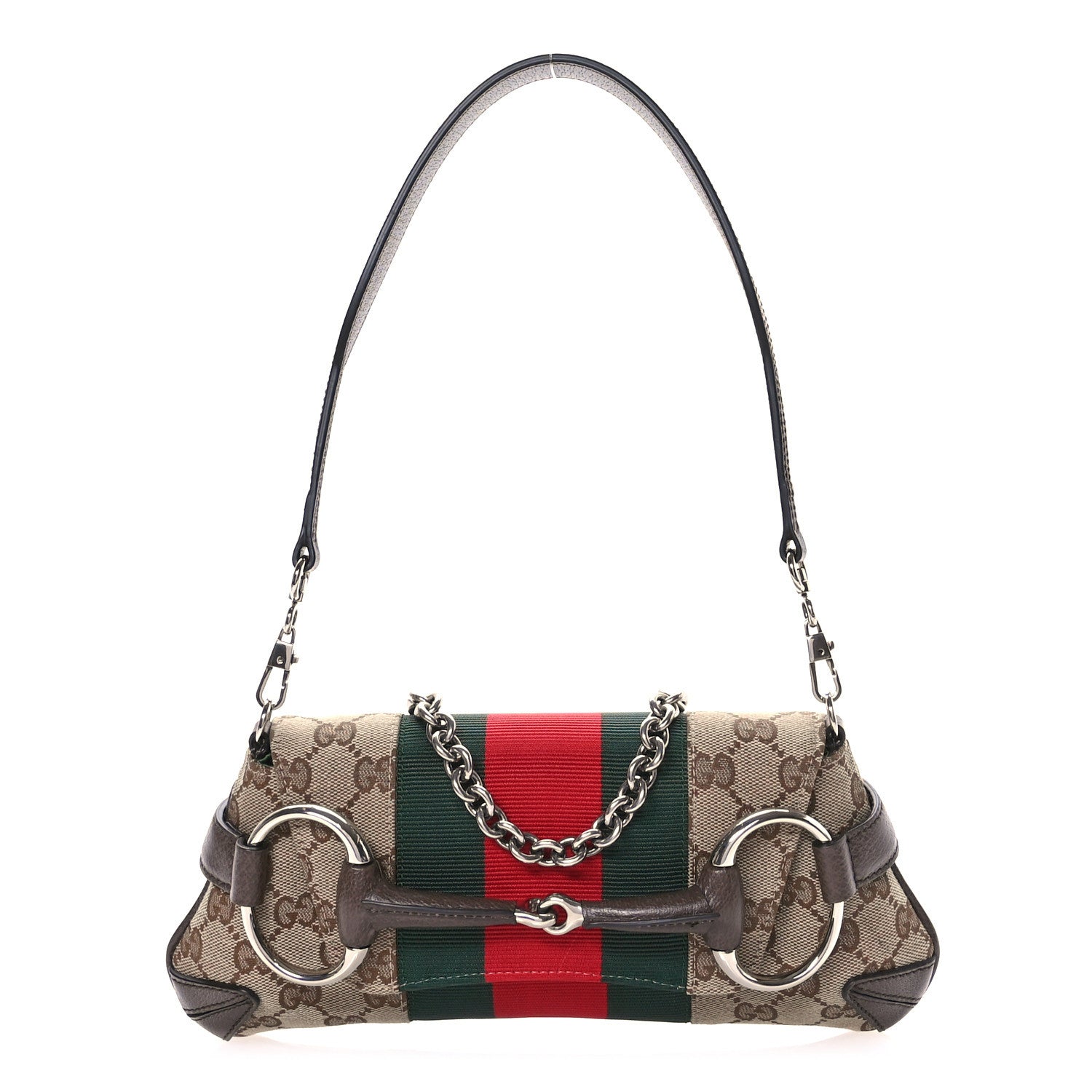 Gucci Monogram Textured Dollar Calfskin Heavy Grosgrain Web Small Maxi Horsebit Chain Shoulder Bag Beige Ebony New Acero 1 of 10