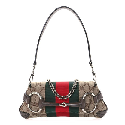 Gucci Monogram Textured Dollar Calfskin Heavy Grosgrain Web Small Maxi Horsebit Chain Shoulder Bag Beige Ebony New Acero 1 of 10