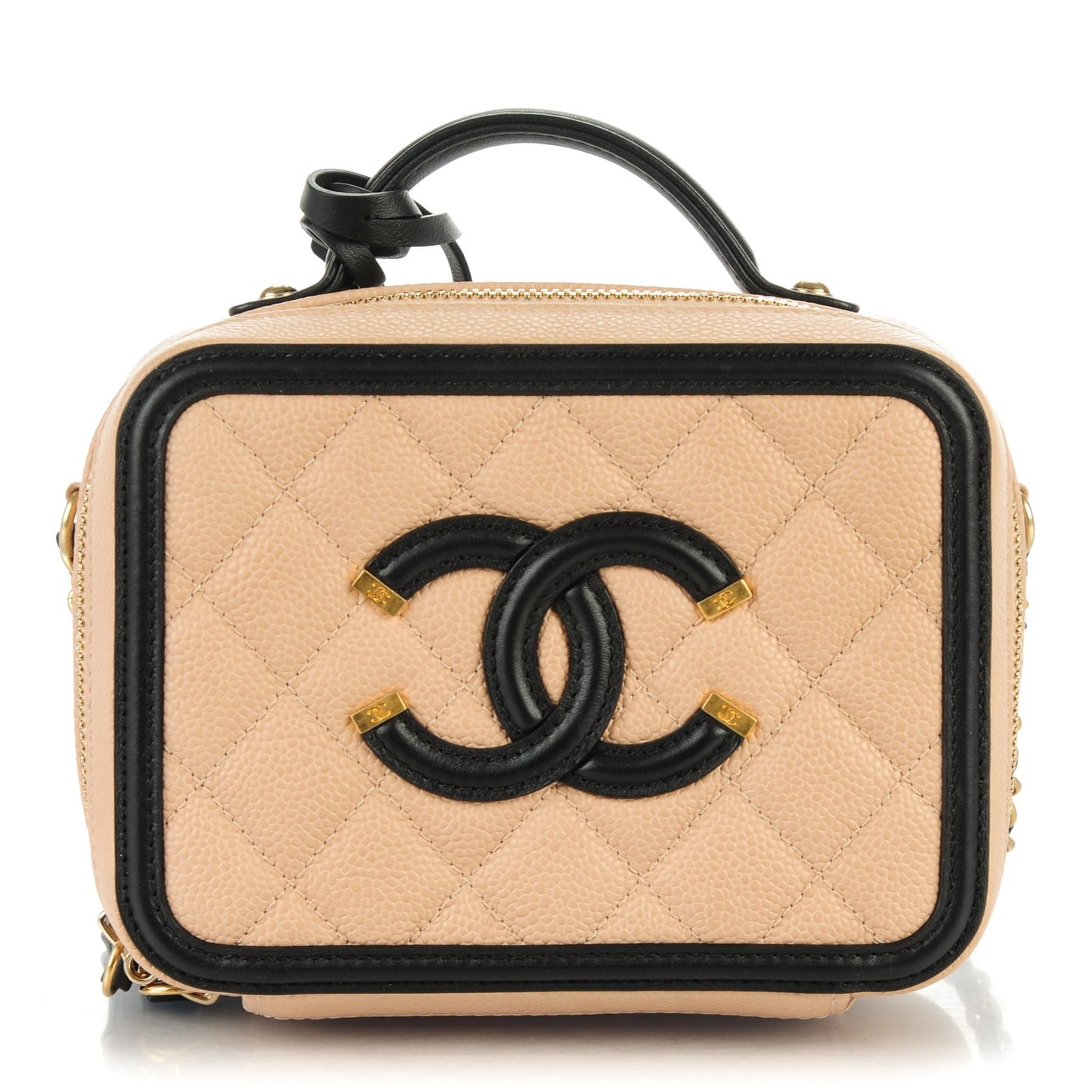 Caviar Quilted Small CC Filigree Vanity Case Beige Black