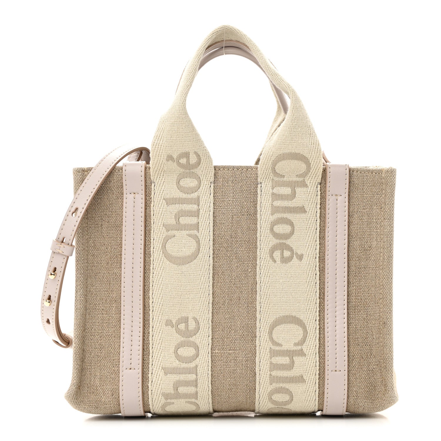 Chloe Cotton Calfskin Small Woody Ribbon Tote With Strap Cement Pink 1 of 11
