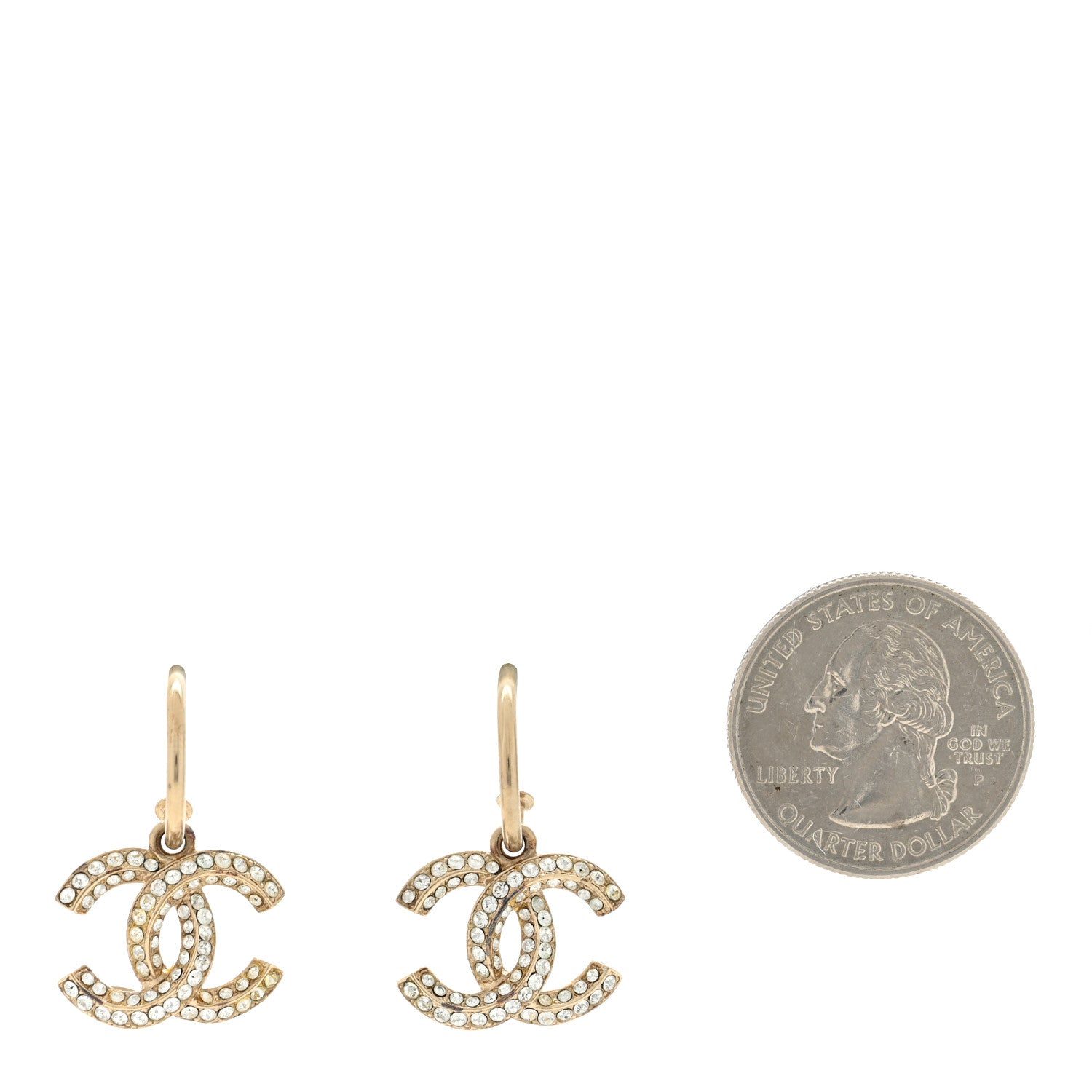 Chanel Metal Crystal Studded CC Hoop Drop Earrings Gold 2 of 4