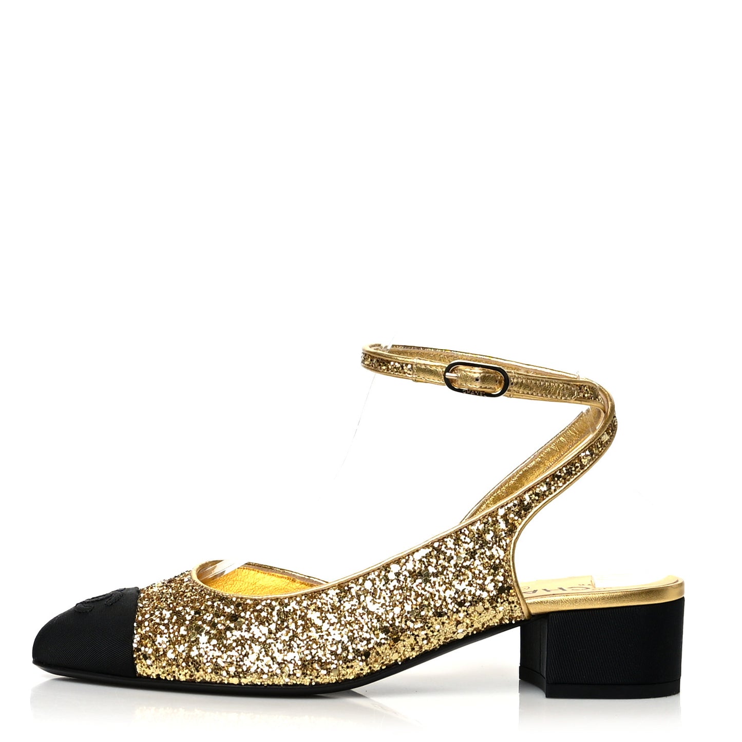 Glitter Grosgrain Cap Toe CC Ankle Wrap Pumps 38 Gold Black
