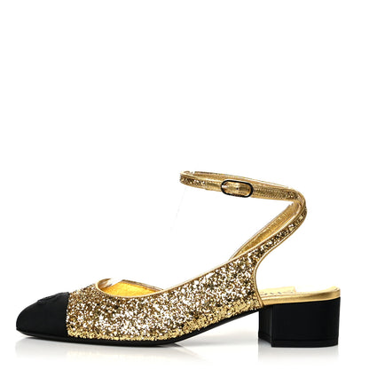 Chanel Glitter Grosgrain Cap Toe CC Ankle Wrap Pumps 38 Gold Black 1 of 8