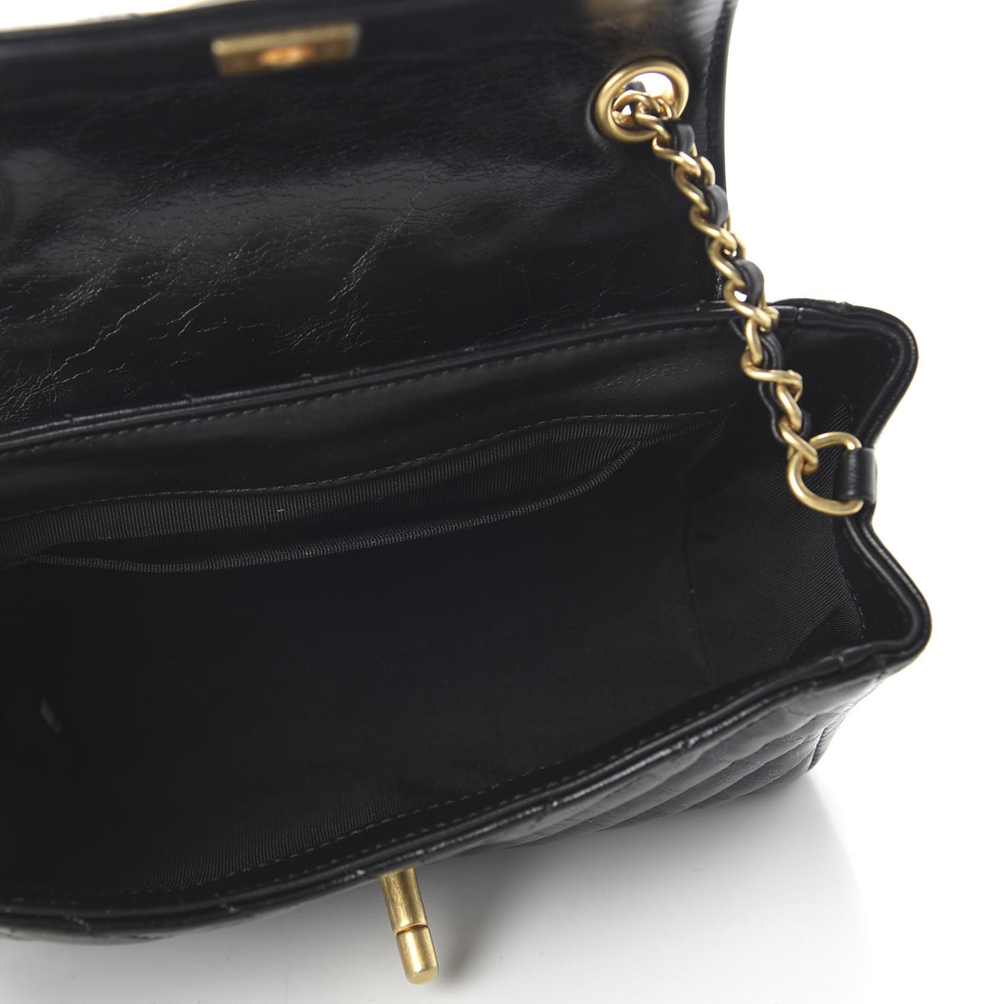 Glazed Calfskin Chevron Quilted Small Hampton Flap Black