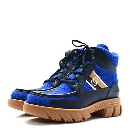 Gucci Casy Wool Quebec Calfskin Web Mens Interlocking G Lace Up Combat Boots 11 Blue China Blue 3 of 8