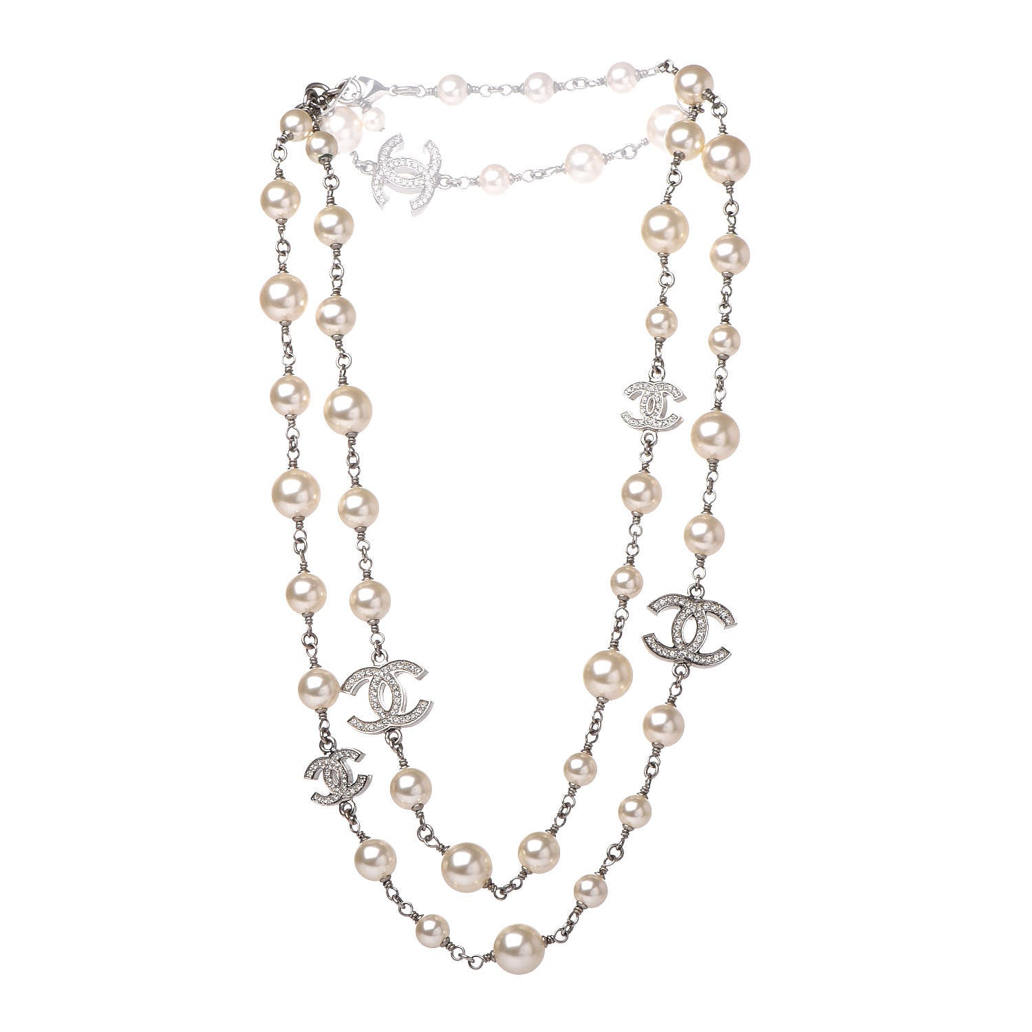 Chanel Graduated Pearl Crystal CC Long Necklace Silver 3 of 5