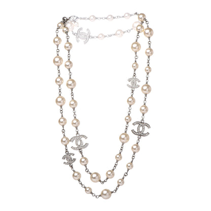 Chanel Graduated Pearl Crystal CC Long Necklace Silver 3 of 5