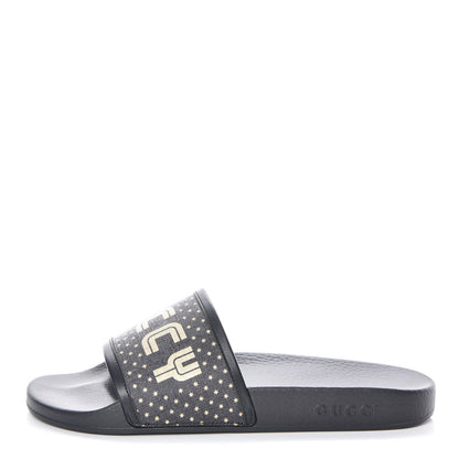 Gucci X SEGA Supreme Canvas GUCCY Stars Mens Slide Sandals 8 Black Gold 1 of 8
