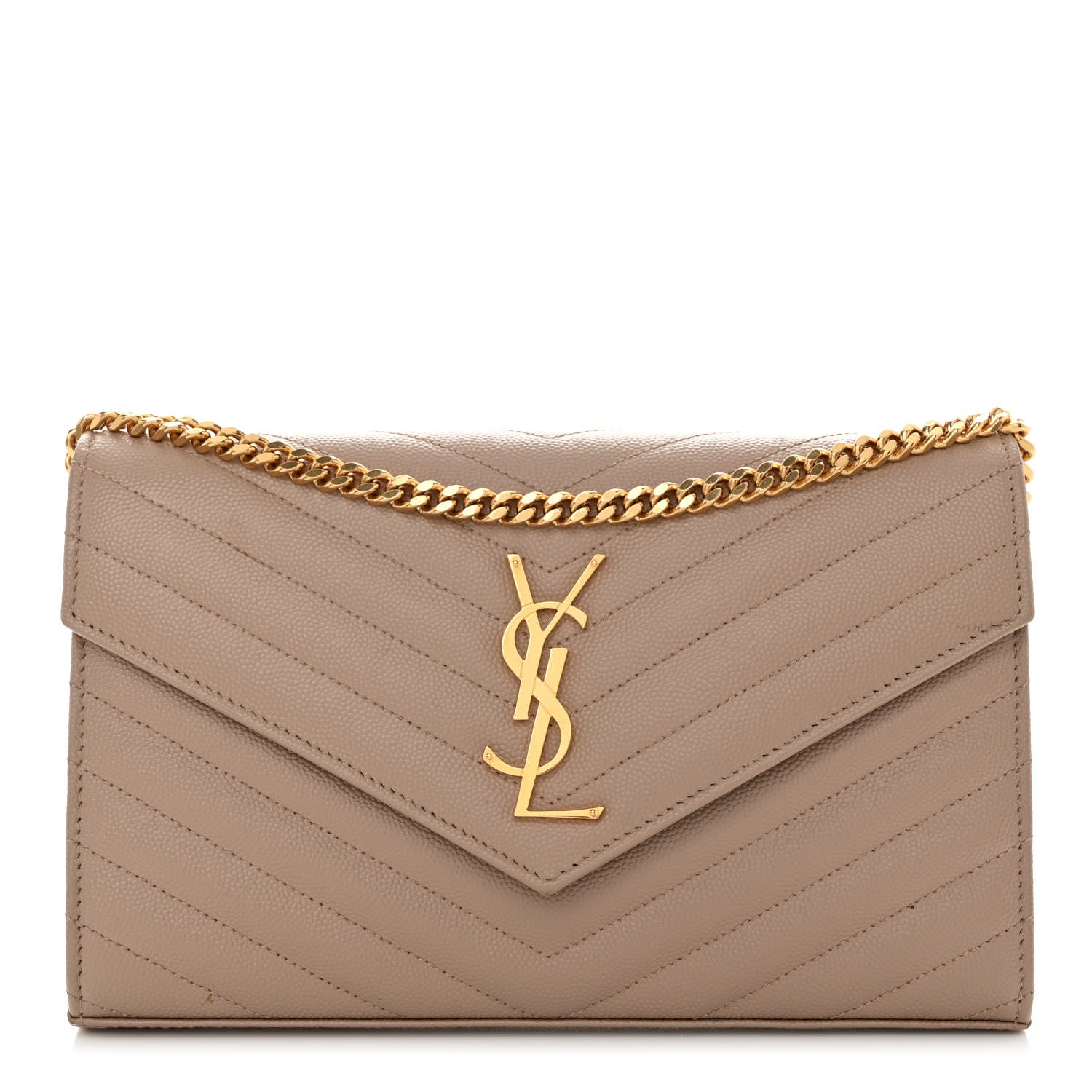 Saint Laurent Grain De Poudre Matelasse Chevron Monogram Chain Wallet Dark Beige 1 of 11