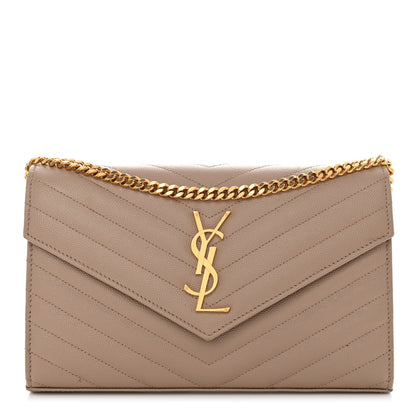 Saint Laurent Grain De Poudre Matelasse Chevron Monogram Chain Wallet Dark Beige 1 of 11