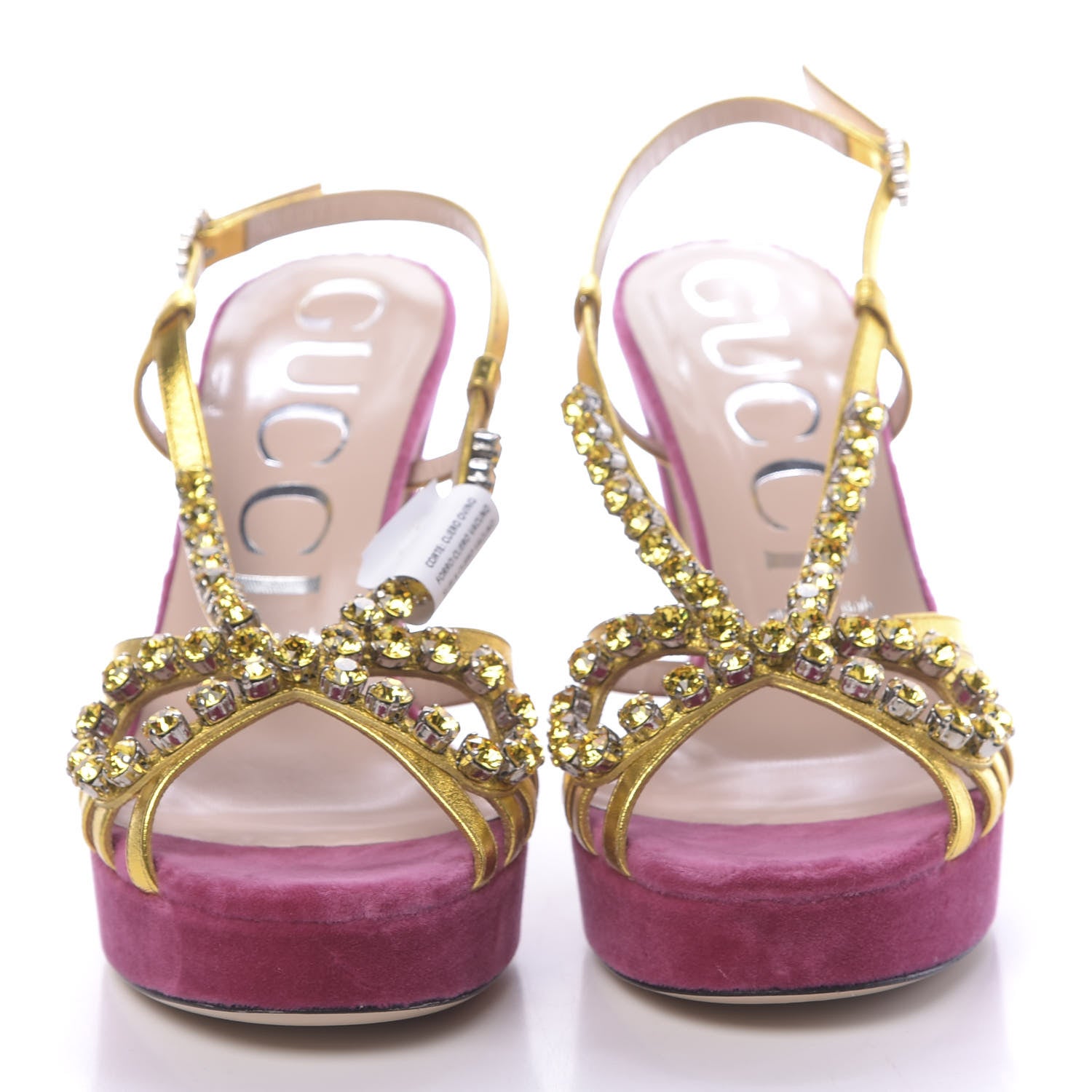 Gucci Velvet Nappa Crystal Zephyra Slingback Platform High Heel Sandals 38.5 Pink Gold 2 of 8