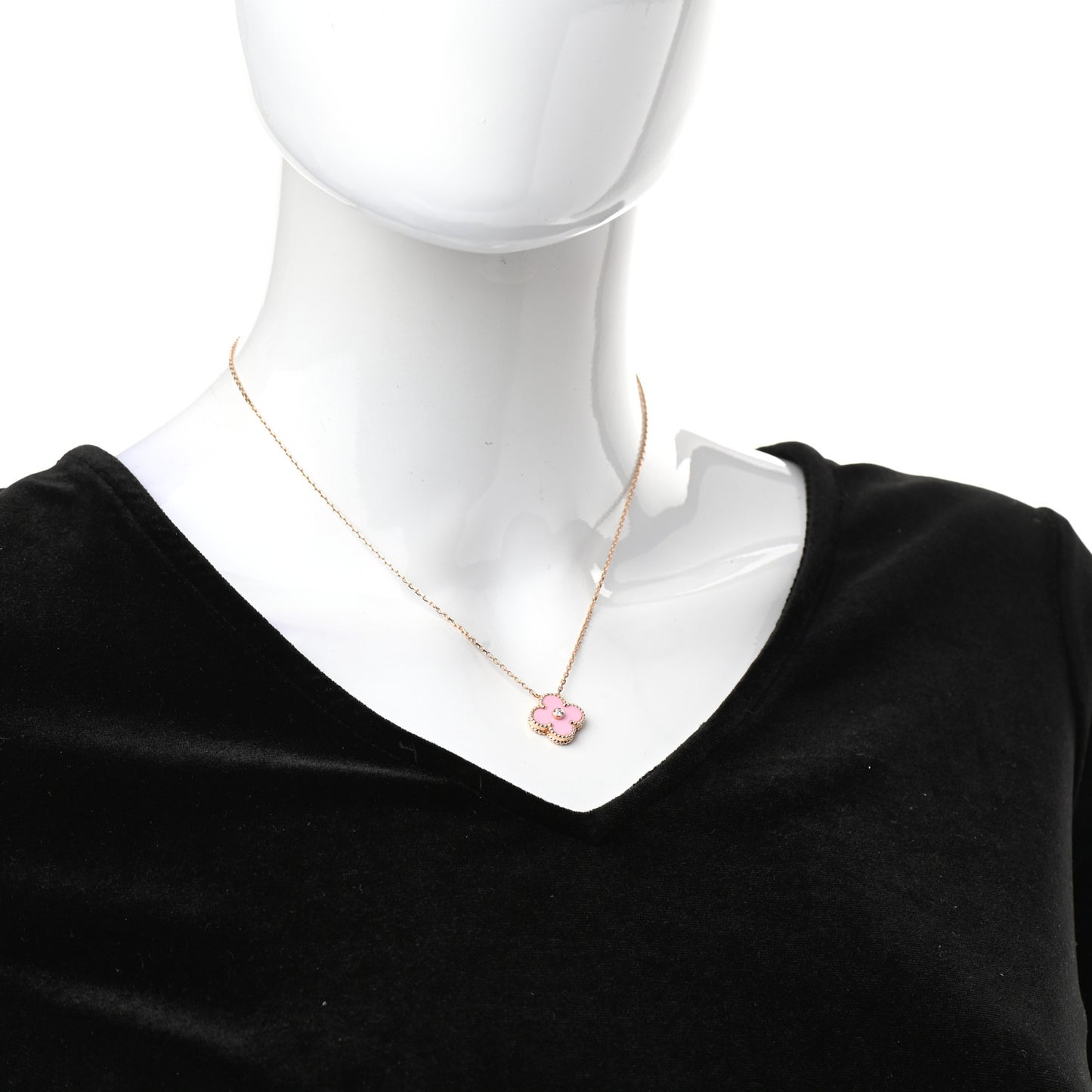 18K Rose Gold Diamond Pink Porcelain Vintage Alhambra Pendant Necklace