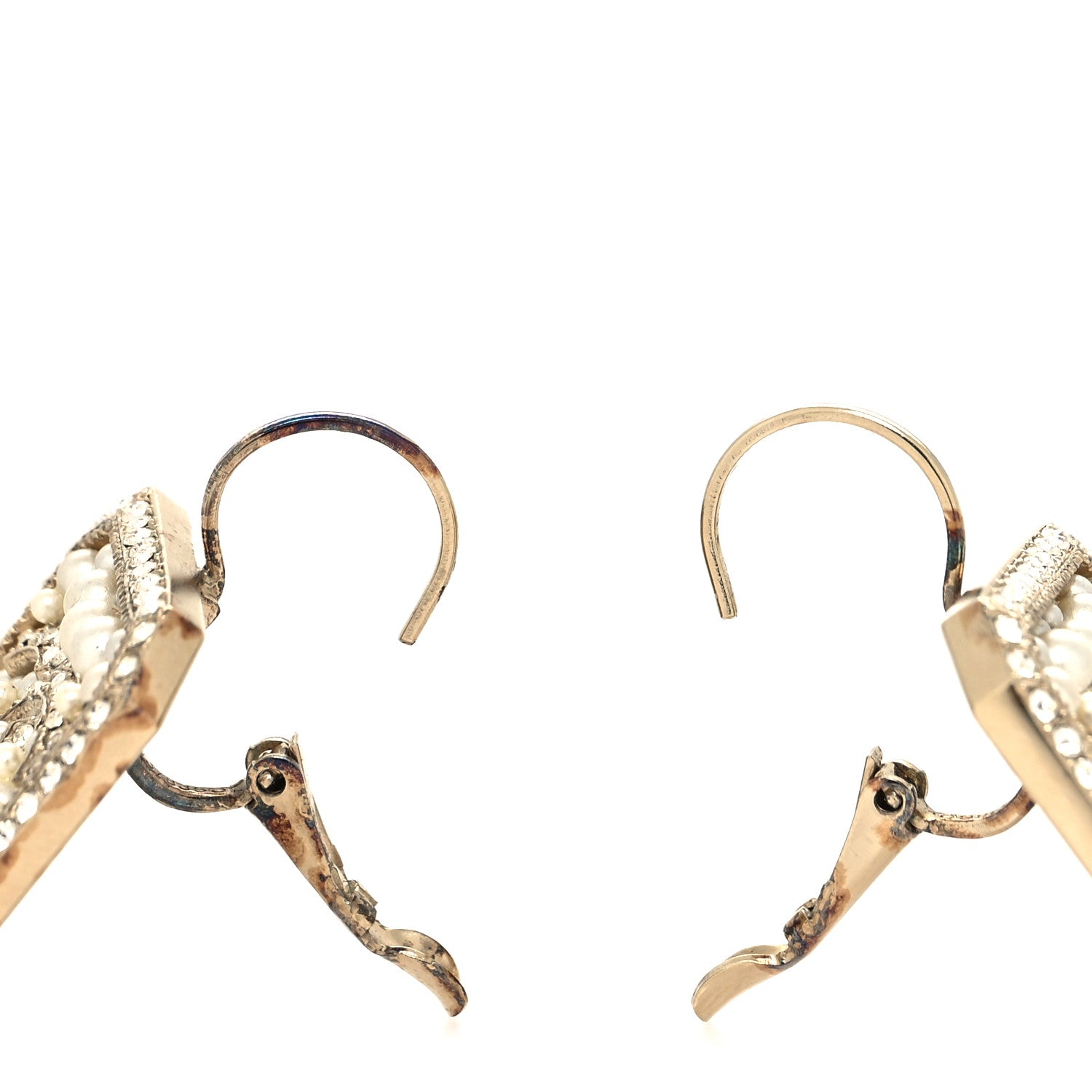 Chanel Crystal Pearl CC Square Drop Earrings Gold Pearly White 3 of 5