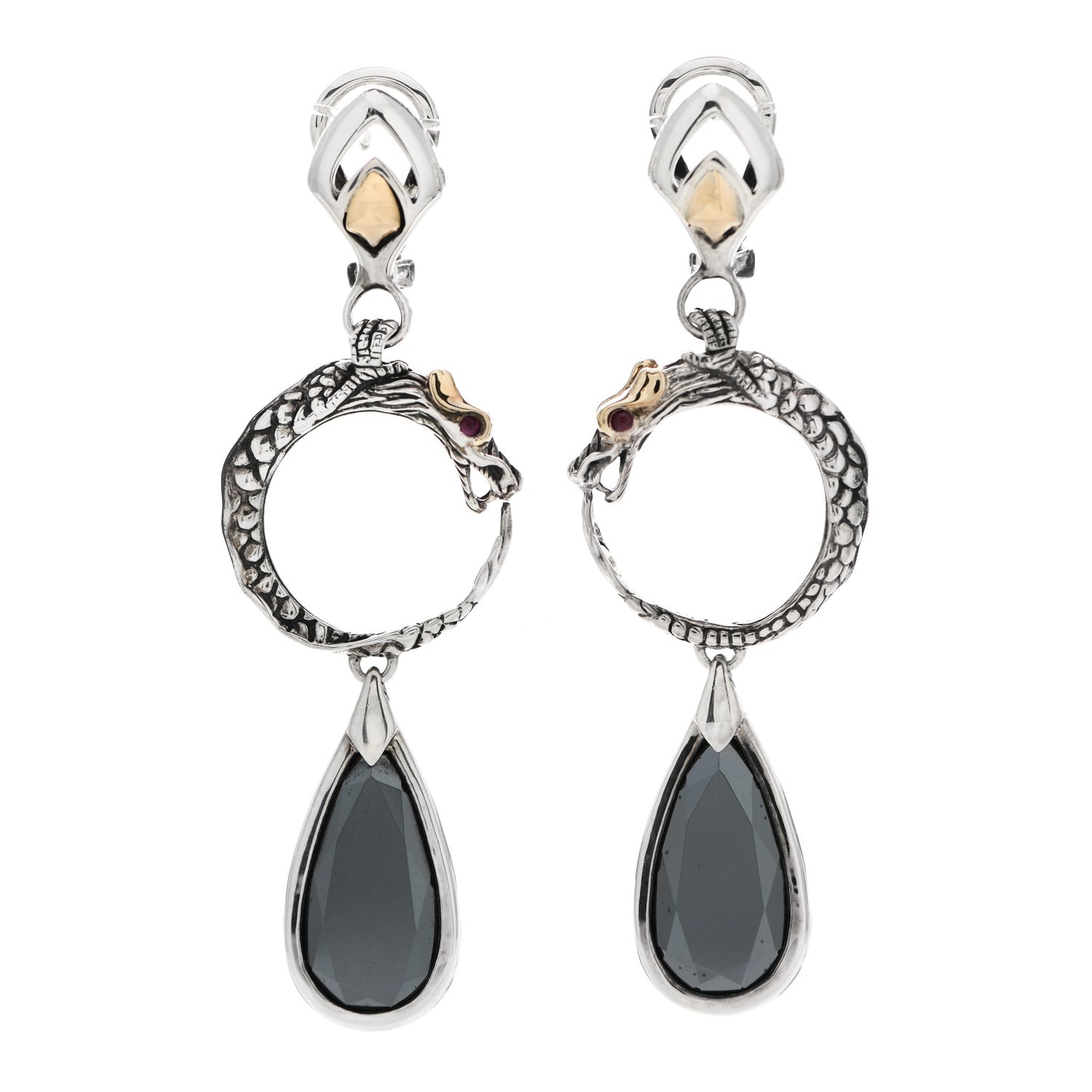 Sterling Silver 18K Yellow Gold Hematine Ruby Naga Batu Drop Earrings