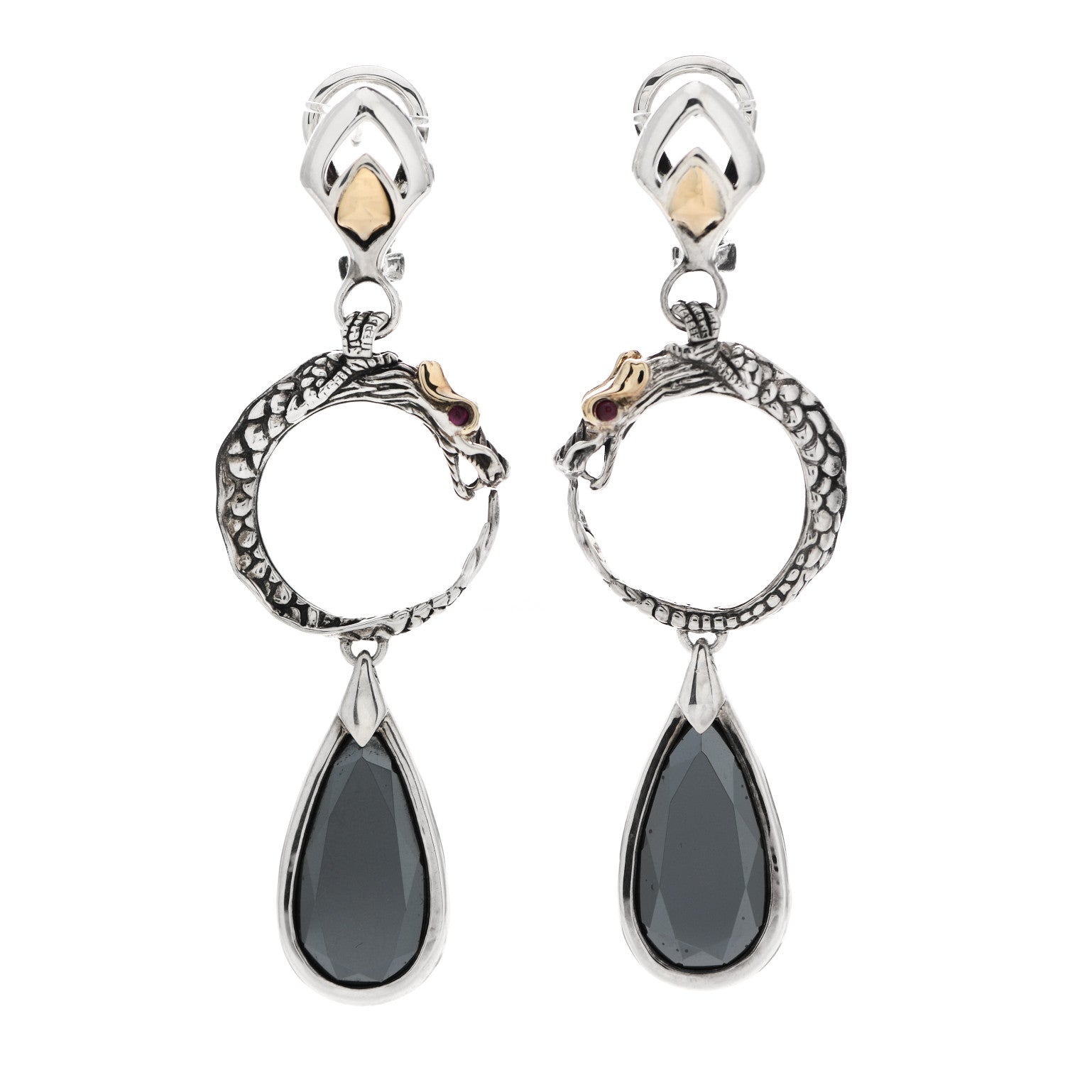 John Hardy Sterling Silver 18K Yellow Gold Hematine Ruby Naga Batu Drop Earrings 1 of 6